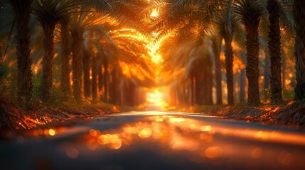 a road surrounded by palm trees with the sun shining through the trees and reflecting in the wet surface of the road. - obrazy, fototapety, plakaty