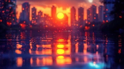 a blurry photo of a city at sunset with the sun reflecting in the water and buildings in the background.