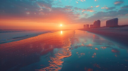 the sun is setting over the beach and the water is reflecting it's reflection in the sand and the buildings are in the distance.