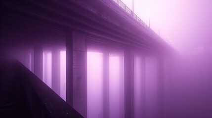 a foggy picture of a bridge with a train on it's tracks and a person standing on the platform.
