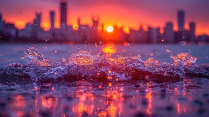 the sun is setting behind a city skyline as water splashes on the ground in front of a body of water.
