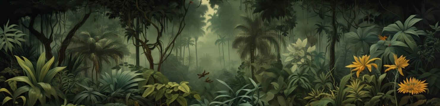 Dark jungle landscape in watercolor style.