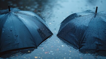two open umbrellas sitting in the rain on a rainy day with drops of water on the ground and trees in the background.