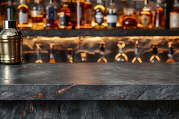 A high-end bar ambiance with a luxurious marble countertop showcasing a refined texture and a blurry bokeh effect of bottles in the background