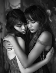 two beautiful young women hugging each other in a black and white photo of two women with their arms around each other.