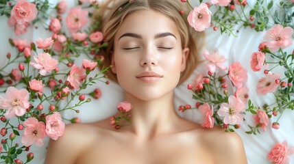 a woman laying in a bed of flowers with her eyes closed and her eyes closed to the side of her face.