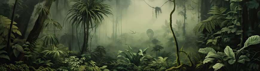 Dark jungle landscape in watercolor style. - obrazy, fototapety, plakaty