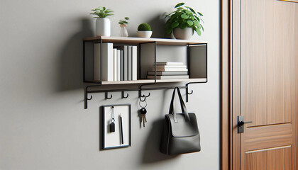Modern Wall Organizer: Stylish Shelving with Hooks for Home Decor - Powered by Adobe