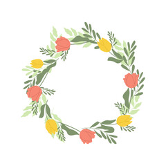 Elegant wreath with red and yellow tulips. Vector round frame template.