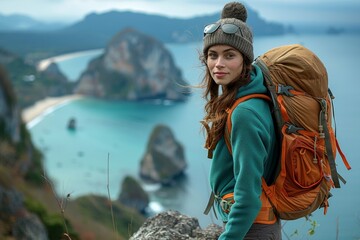 An adventurous female hiker with a backpack gazes into the distance at a beautiful coastline from a high vantage point