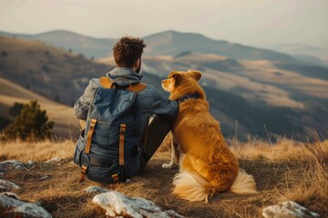 A traveler and his golden retriever are captured in a serene moment as they gaze upon the sunset over rolling hills