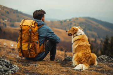 An affectionate bond on display between a man and his dog, taking a break during a hike to enjoy the tranquility of the mountainous landscape - obrazy, fototapety, plakaty