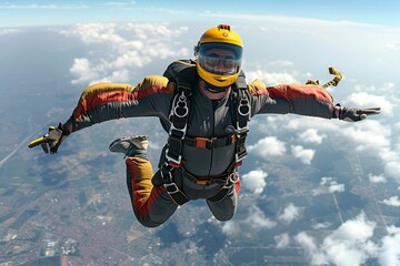 A skydiver gliding downward with an open parachute, showcasing the exhilaration and freedom of parachuting