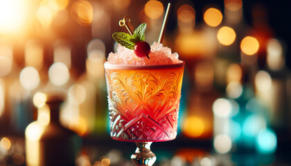 Glistening Cocktail in an Ornate Glass Basking in Golden Hour Light