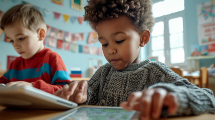 two young boys engaged with tablet computers, likely in a classroom setting with educational toys and decorations in the background.