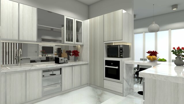 Modern and Luxury Kitchen Design with Soft Wooden Cabinet and Marble Countertop