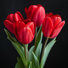 Fototapeta premium beautiful red tulips on a black background.