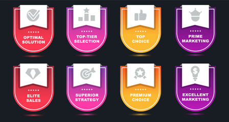 Shield badges set with icons for advertising, marketing and best sales, emblem for business