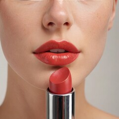 woman applying lipstick red lipstick on black background - obrazy, fototapety, plakaty