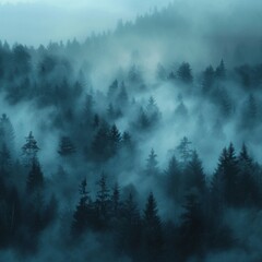 A pine forest enveloped in an ethereal fog in blue undertone
