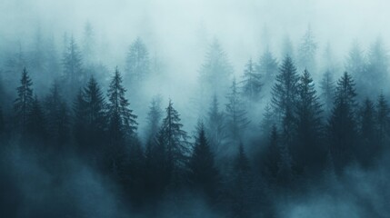 A pine forest enveloped in an ethereal fog in blue undertone - obrazy, fototapety, plakaty