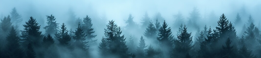 Fototapeta na wymiar A pine forest enveloped in an ethereal fog in blue undertone