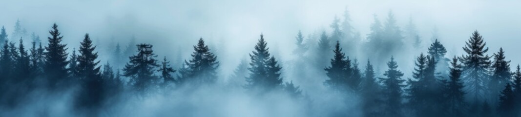 A pine forest enveloped in an ethereal fog in blue undertone - obrazy, fototapety, plakaty