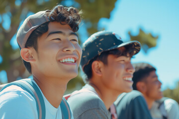 group of asian happy young men smiling in summer talking friends boys in a park tree sunlight outdoors bright complicity bond friendship enjoying cheerful upbeat youth joy joyful students friendship - obrazy, fototapety, plakaty
