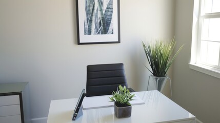 Contemporary Workspace with White Desk, Black Leather Chair, and Framed Artwork AI Generated