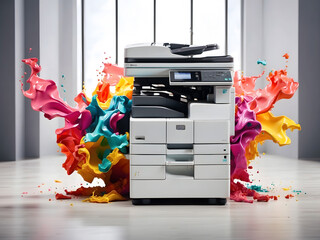 Office or business color-splashed printer or photocopier for superior printing services, such as large banners with copy space design.