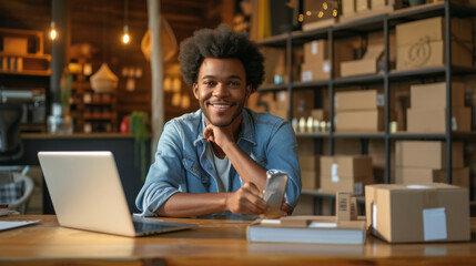 young man with an afro hairstyle is smiling at the camera, and leaning on a table with a laptop in a warehouse or a small business setting.