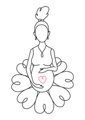 Pregnant Woman in continuous line drawing. Healthy pregnancy and birth baby symbol in simple linear style. Doodle outline vector illustration