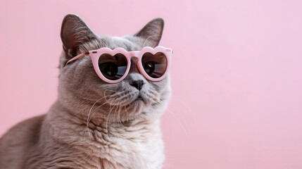 british shorthair with pink heart sunglasses, fun portrait, pink pastel background	
