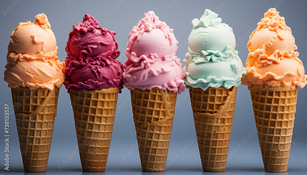 Wall mural Gourmet ice cream cones, a summer indulgence of sweet flavors generated by AI