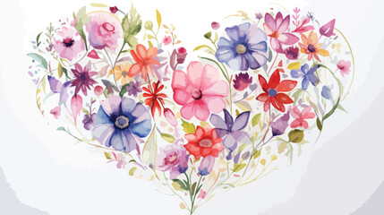 Watercolor hearts and flowers on white background