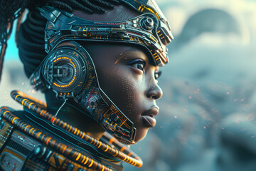 3D render of an otherworldly African woman with futuristic enhancements and features