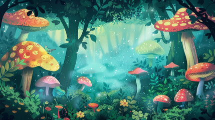 Illustration of magical forest with floating mushroom clouds evoking a sense of wonder - obrazy, fototapety, plakaty