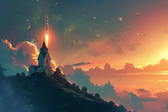 Mystical church perched on a hill with a rocket poised for launch in the distant sky