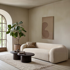 Minimalist cozy home interior design of a modern living room with beige sofa an a fig plant