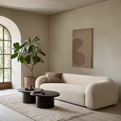 Papier Peint photo Lavable Poney Minimalist cozy home interior design of a modern living room with beige sofa an a fig plant