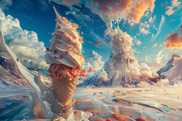 A fantastical ice cream cone amidst a dreamy, explosive landscape. - obrazy, fototapety, plakaty