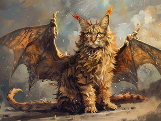Use a unique art style to illustrate a seamless fusion between a cat and a dragon capturing their essence in a single image