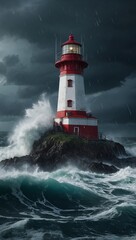 A photo of a lighthouse in the middle of a terrible storm, heavy rain and violent waves, digitalart