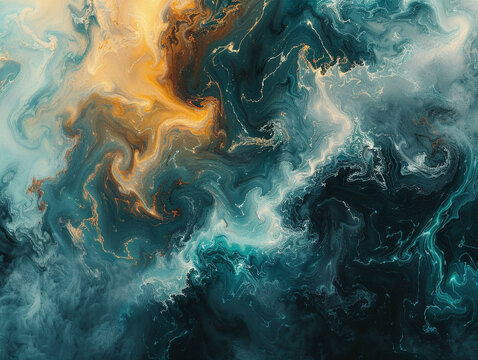 Use an abstract art style to convey the intricate paradoxes within the ocean focusing on its simultaneous role as a life giving force and a destructive power