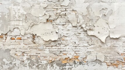 Empty Old Brick Wall Texture. Painted Distressed Wall Surface. Grungy Wide Brickwall. Grunge white Stonewall Background. Shabby Building Facade With Damaged Plaster. Abstract Web Banner. Copy Space