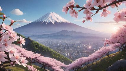 Blossoming branches with Mount Fuji Background
