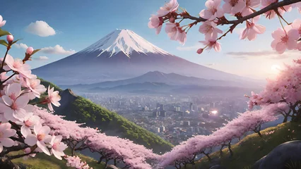 Gordijnen Blossoming branches with Mount Fuji Background © Creuxnoir