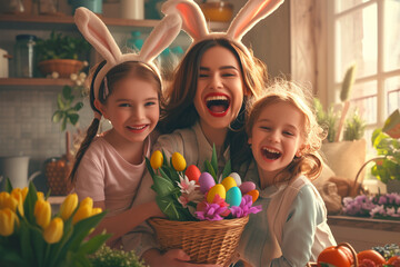 mom with baby girls with bunny ears at the table celebrating Easter, in the style of an...