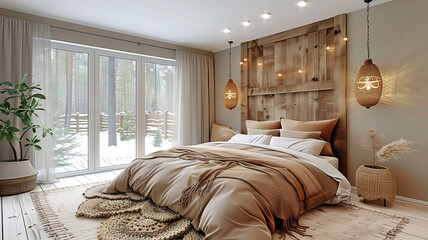 Welcoming bright bedroom with cozy surroundings and comfortable furniture for relaxing