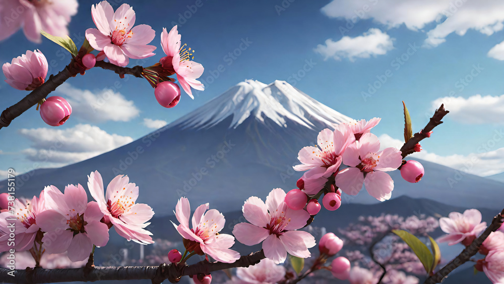 Poster Blossoming branches with Mount Fuji Background